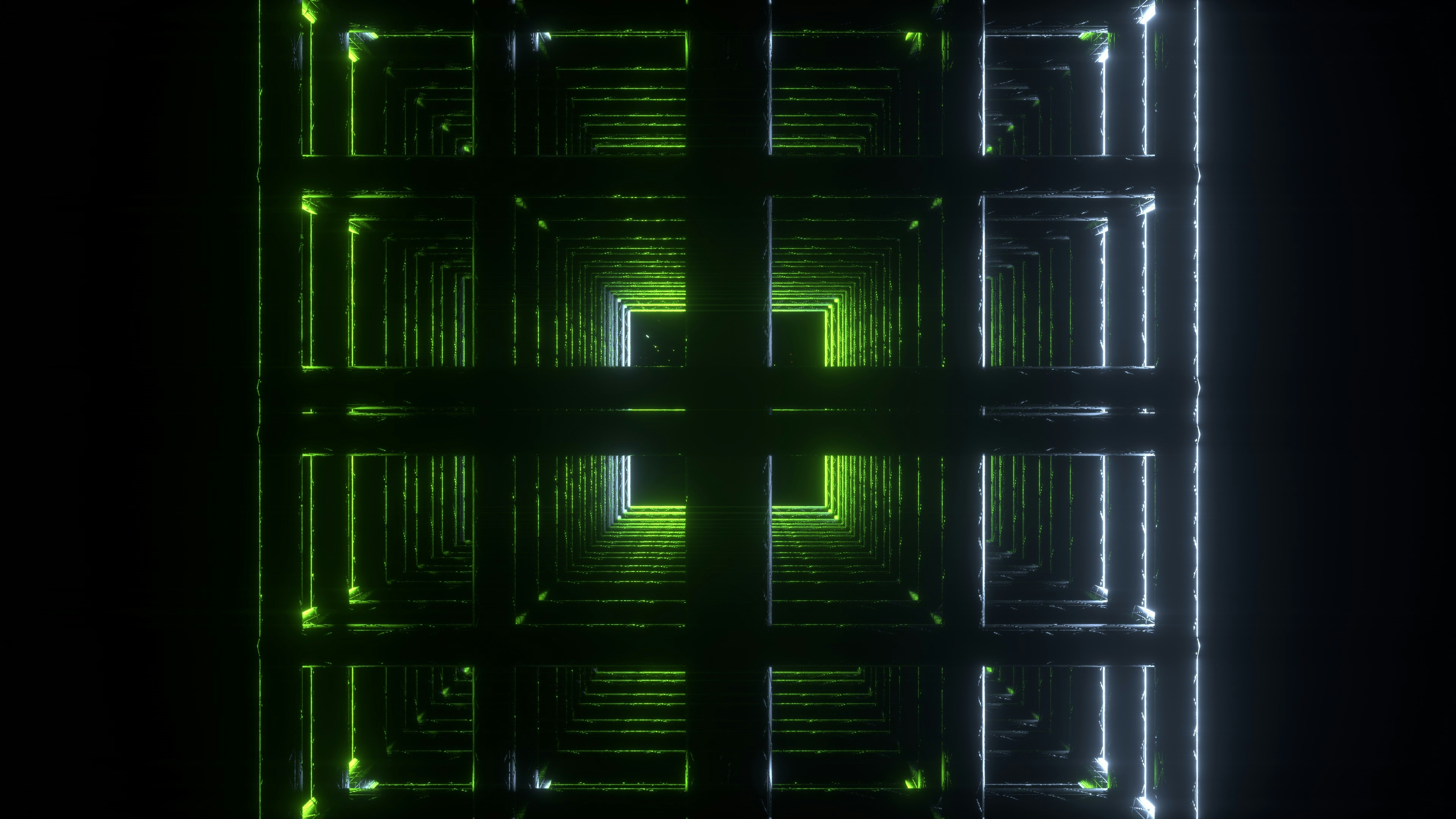 a green and black background with squares and lines